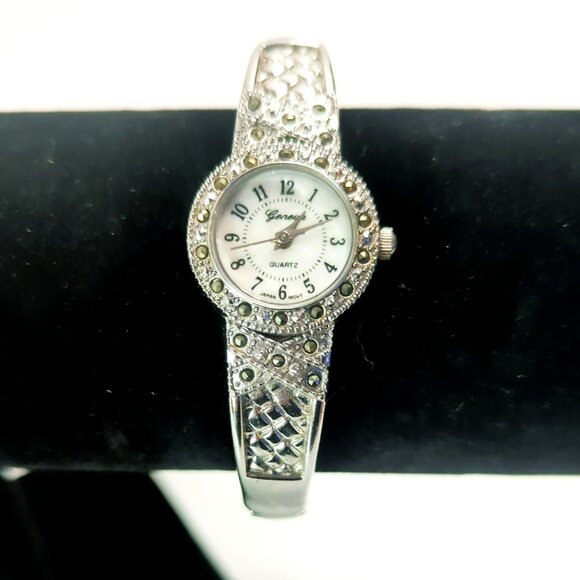 Geneva Accessories - Geneva Quartz Silver Tone Marcasite Cuff Womens Watch